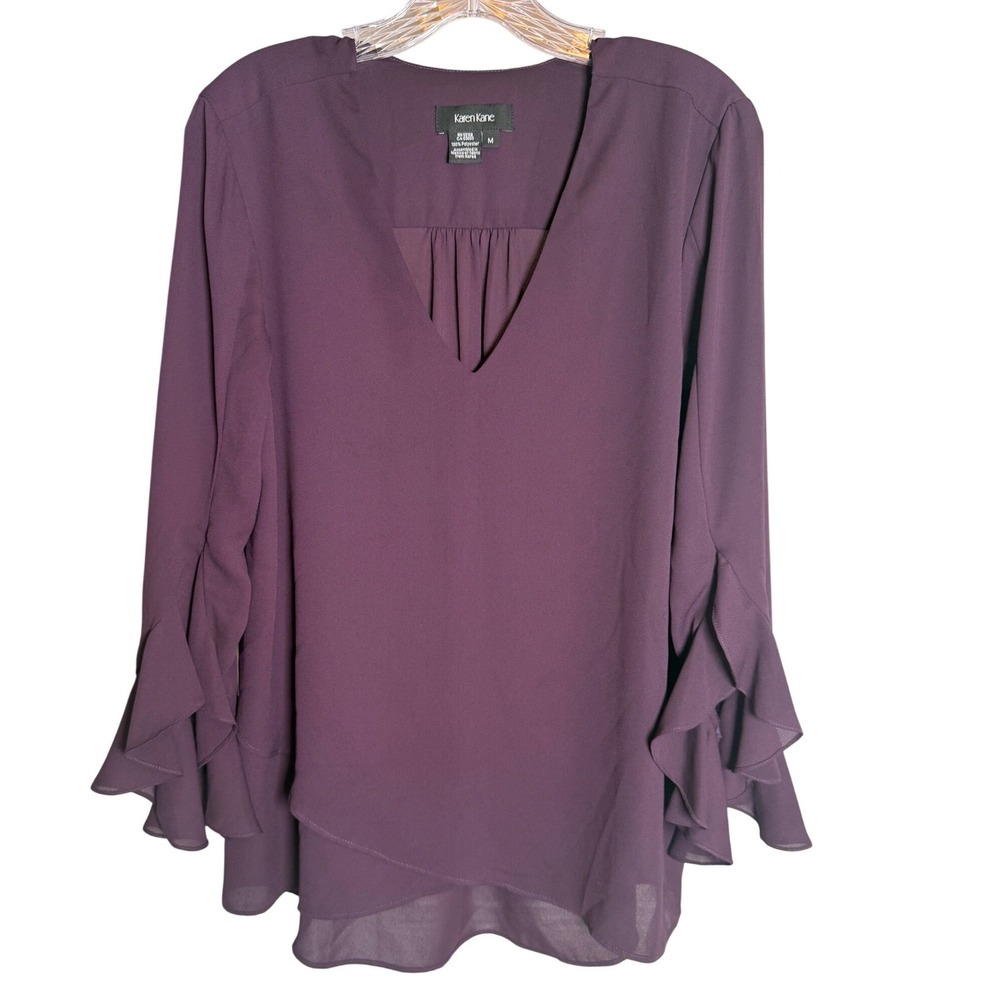Karen Kane Ruffle Sleeve Blouse Womens Size M Purple V-Neck Top Bell Sleeves